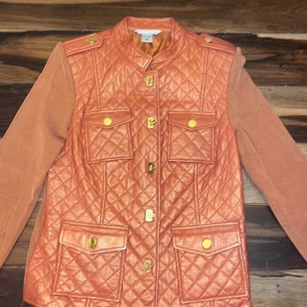Peter Nygard‎ Womens Jacket Bronze Color Leather Embroidered Front Size Small